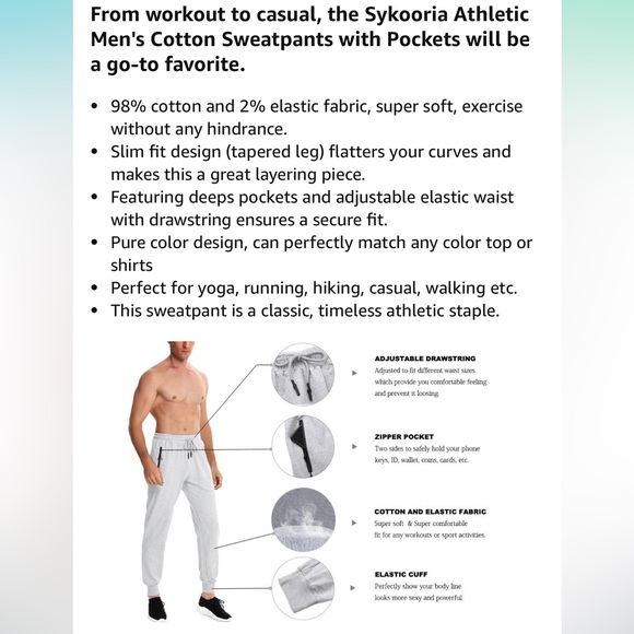 Sykooria Light Gray Athletic Men's Cotton Sweatpants with Zipper Pockets Size XL - Picture 12 of 15